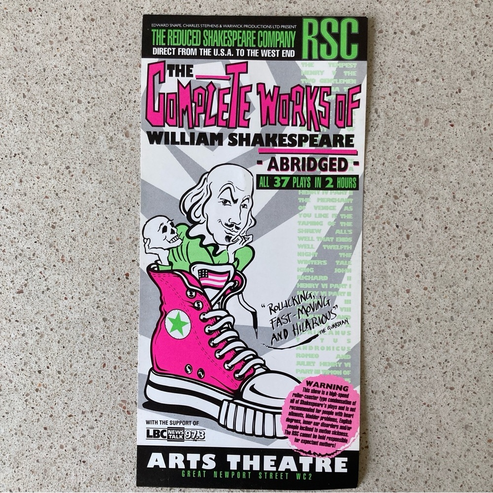 2 Sided Flyer 8”X4” The Complete Works of William Shakespeare (Abridged) London